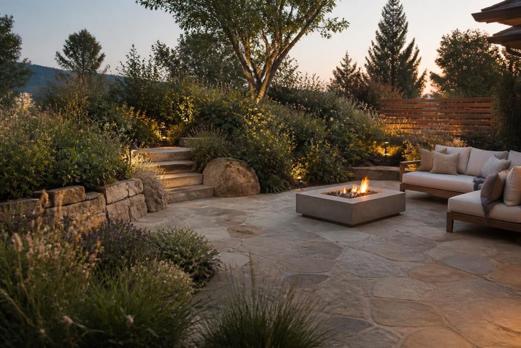 Stone patio with native plantings in soft evening light.