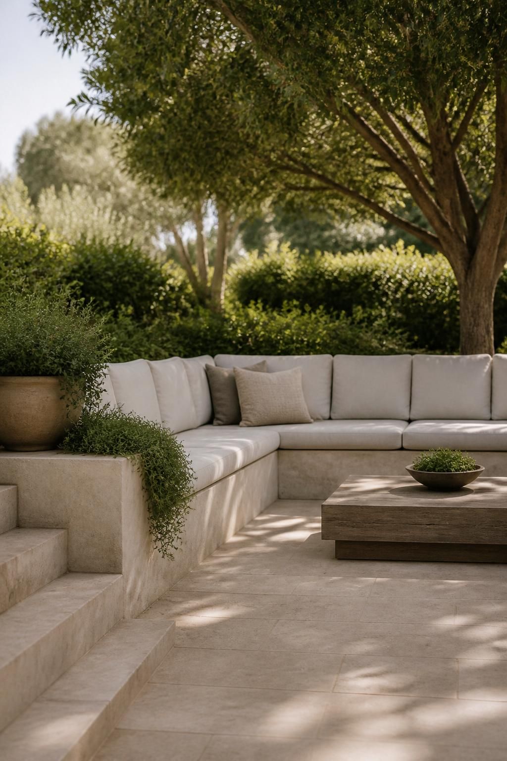 Inviting outdoor living space with seating and surrounding greenery.